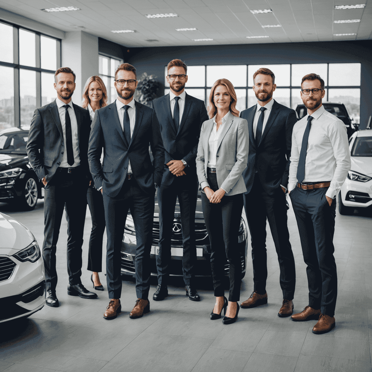 Gruppenfoto des Auto-DE-Teams, bestehend aus Verkehrsexperten und Automobilspezialisten, die in einem modernen Büro stehen und professionell gekleidet sind